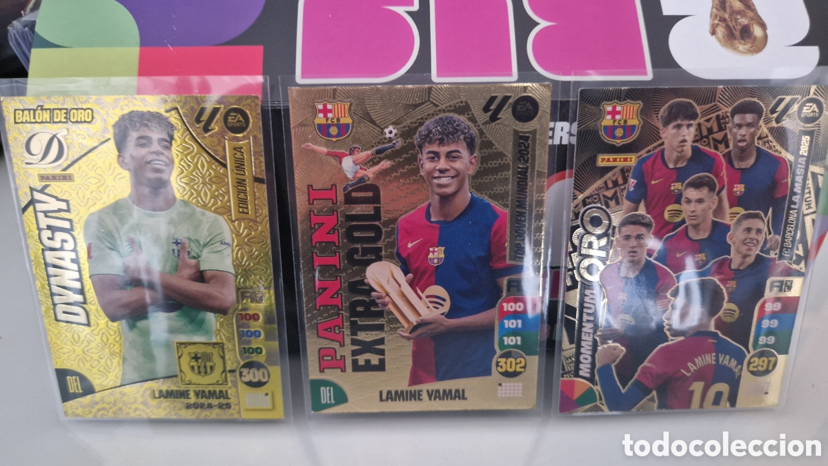 Trading cards: LOTE 3 FICHAS PREMIUM LAMINE YAMAL &ndash; Dynasty Bal&oacute;n de Oro + Panini Extra Gold + Momentum Oro La M