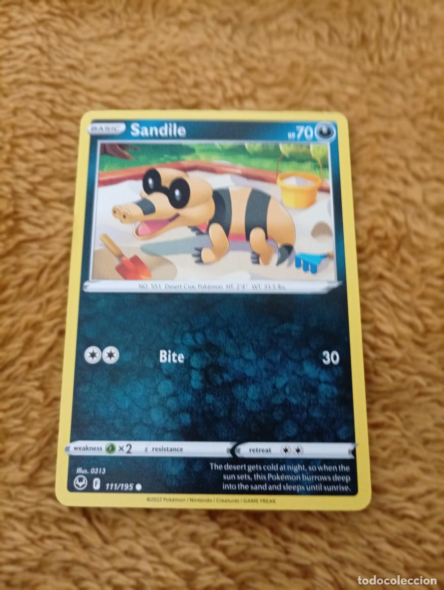 Trading cards: Carta Pok&eacute;mon de Sandile, n&uacute;mero 111/195, del a&ntilde;o 2022. - Idioma: Ingl&eacute;s. - Ataque: Bite. - Energ&iacute;a