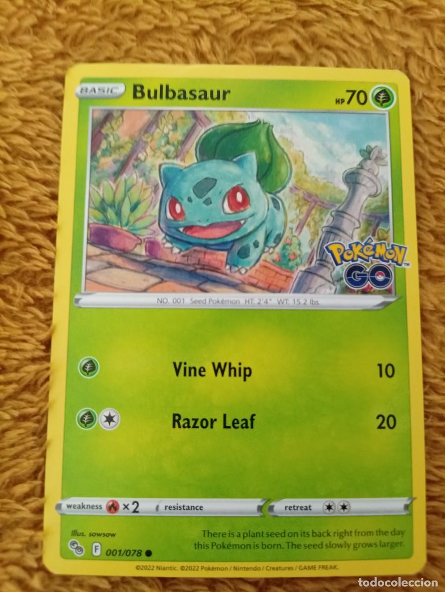Trading cards: Carta Pok&eacute;mon de Bulbasaur, edici&oacute;n en ingl&eacute;s. - N&uacute;mero de carta: 001/078. - Tipo: B&aacute;sico. - Ataque