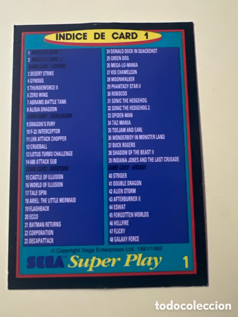 Trading cards: E1324. CROMO CARD COLECCION VIDEOJUEGOS SEGA SUPER PLAY -- PANINI -- N&ordm; INDICE DE CARD 1 CHECKLIST