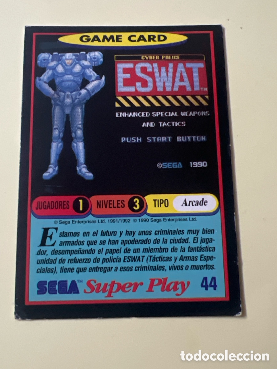 Trading cards: C5492. 1991 PANINI CROMO TRADING CARD VIDEOJUEGOS SEGA SUPER PLAY VIDEO GAMES 44 ESWAT CYBER POLICE