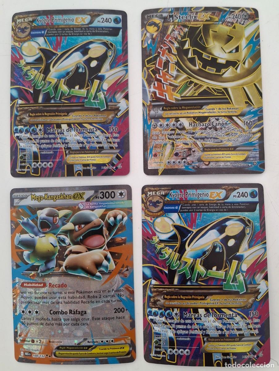 Sammelkarten: Cuatro cartas Pok&eacute;mon dos de Mega Kyogre Primigenio EX una M-Steelix-EX y otra Mega-Kangaskhan ex