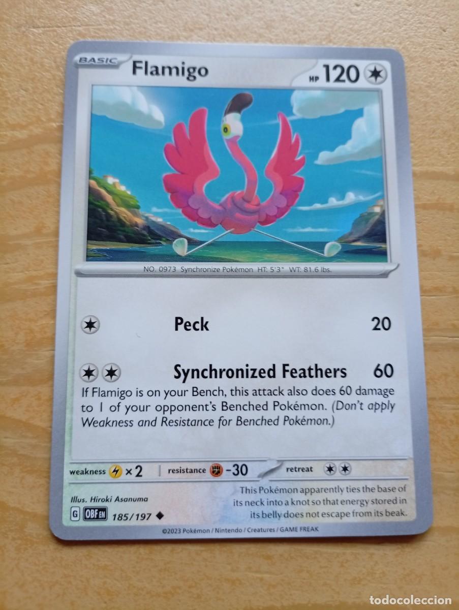 Trading cards: Carta Pok&eacute;mon de Flamigo, edici&oacute;n en ingl&eacute;s. - N&uacute;mero de carta: 185/197. - A&ntilde;o de publicaci&oacute;n: 2023