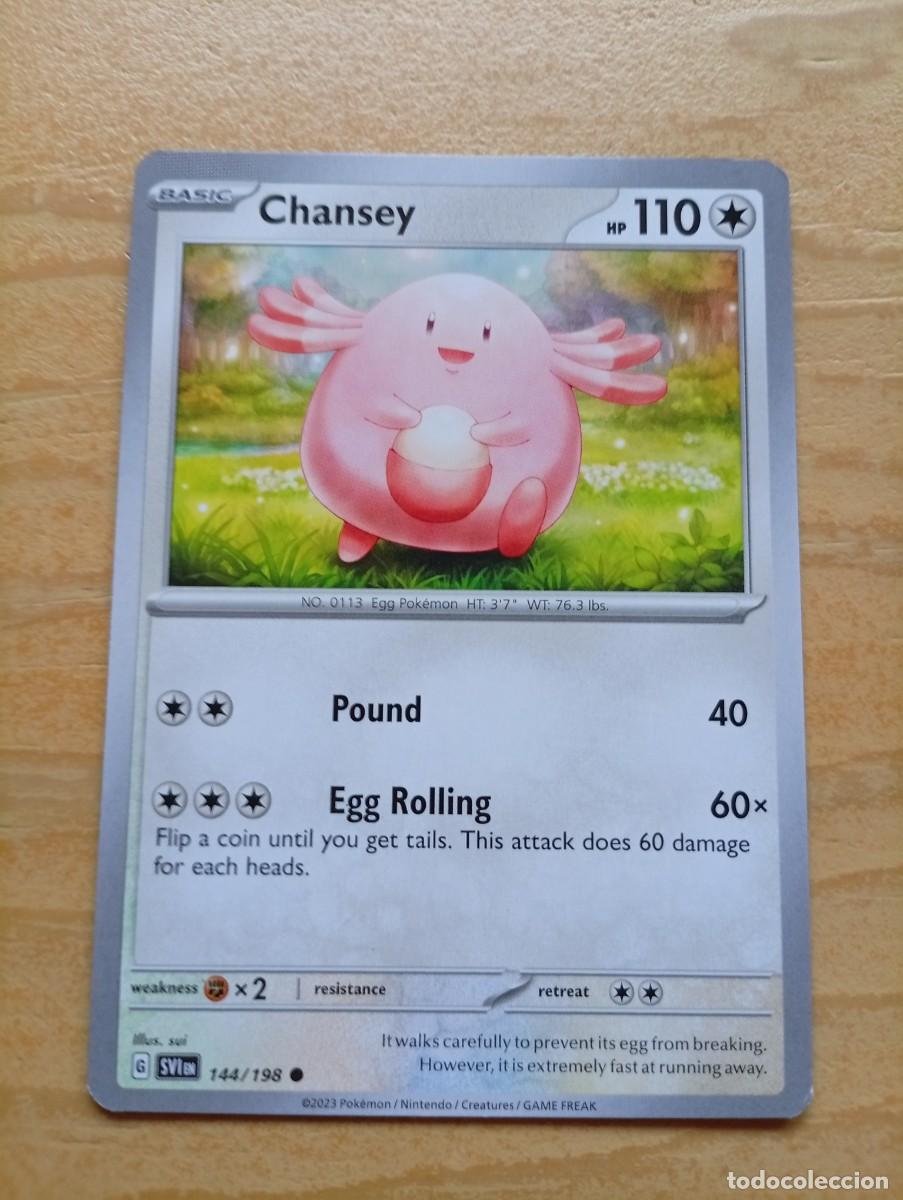 Trading cards: Carta de Pok&eacute;mon de Chansey, n&uacute;mero 144/198 de la expansi&oacute;n SVIN del a&ntilde;o 2023. La carta est&aacute; en ingl