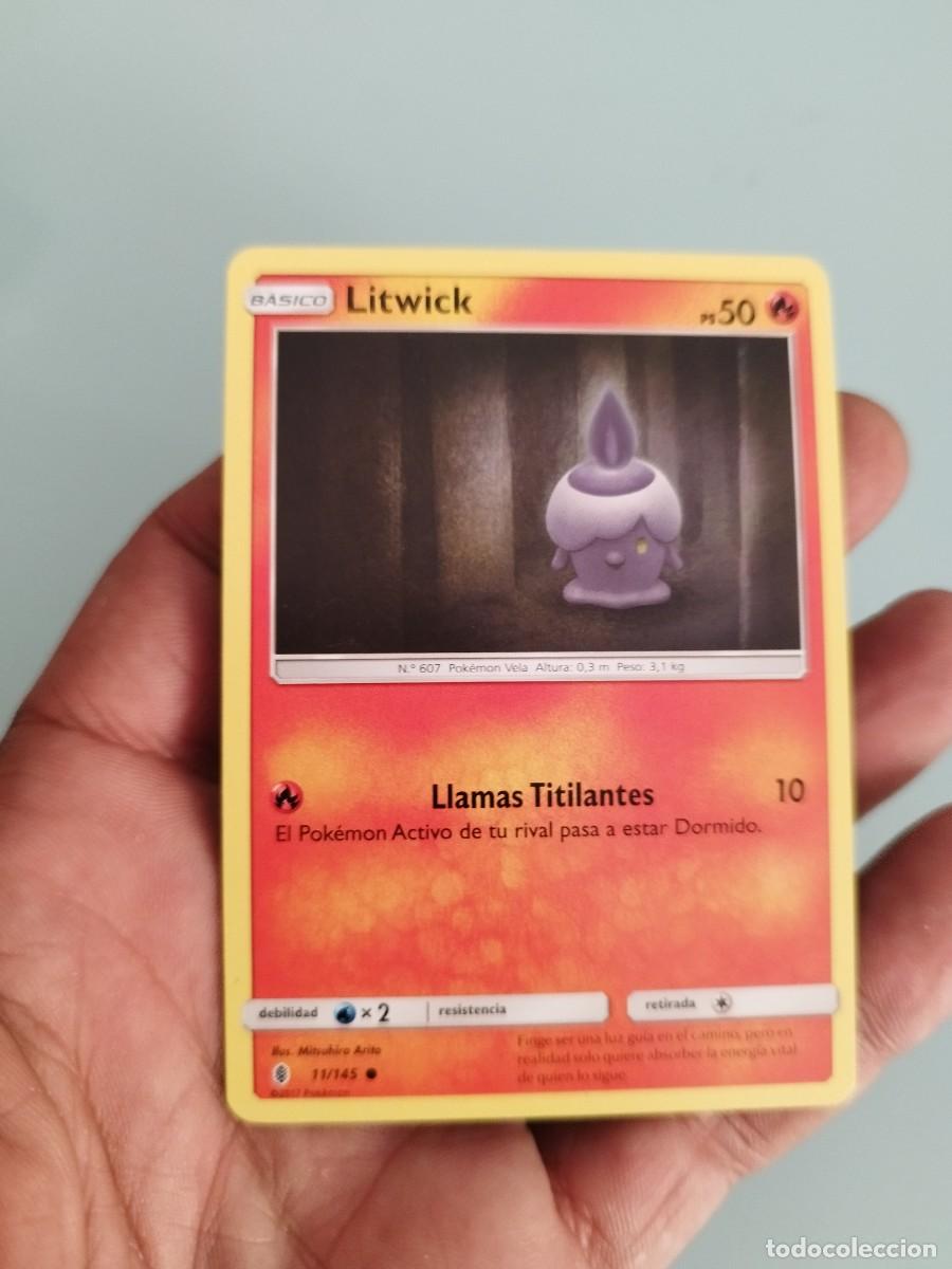 Trading cards: Pokemon Trading Card/Carta. Litwick (n&uacute;mero 11/145) en espa&ntilde;ol, expansi&oacute;n Albor de gurdianes.