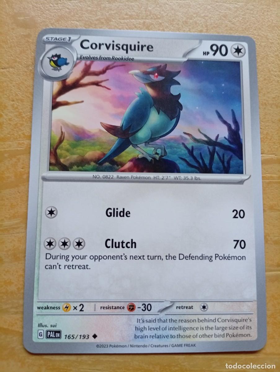 Trading cards: Carta Pok&eacute;mon de Corvisquire, n&uacute;mero 165/193, del a&ntilde;o 2023. La carta est&aacute; en ingl&eacute;s. - Tipo: Normal