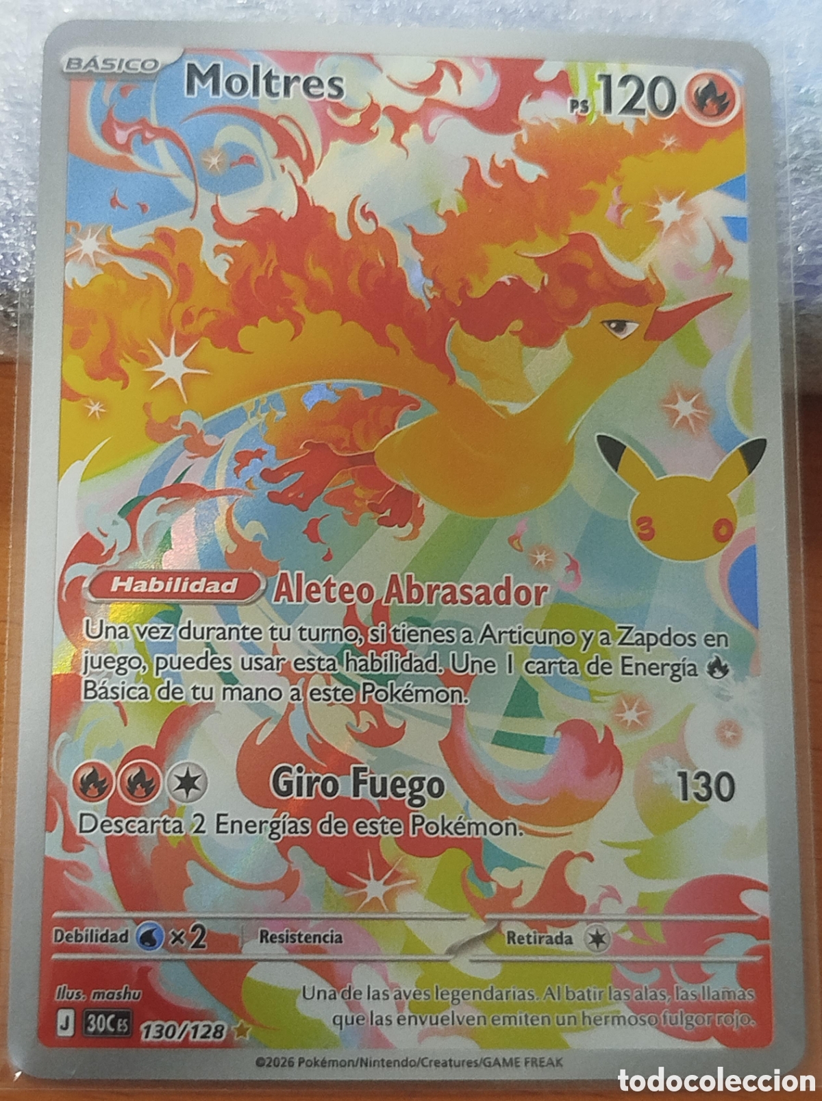 Trading cards: Moltres 130/128 IR 30 Aniversario Pok&eacute;mon TCG Espa&ntilde;ol Illustration Rare MINT