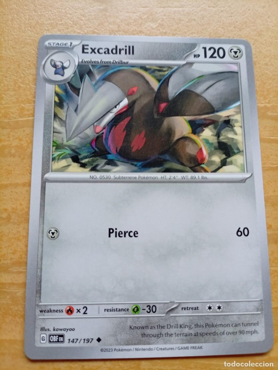 Trading cards: Carta de Pok&eacute;mon de Excadrill, n&uacute;mero 147/197, en ingl&eacute;s y del a&ntilde;o 2023. - Etapa: Stage 1 - HP: 120