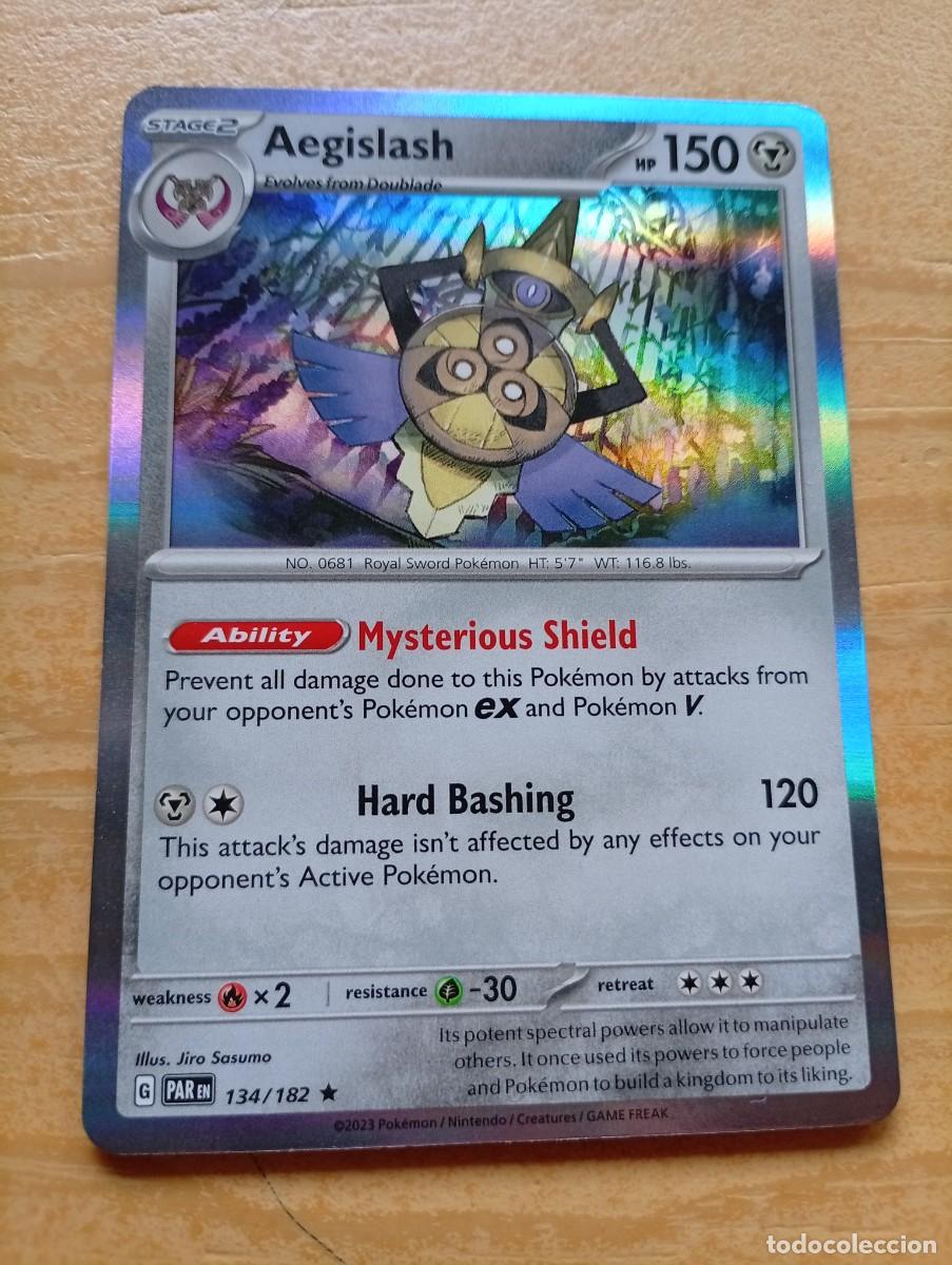 Trading cards: Carta Pok&eacute;mon ingl&eacute;s de Aegislash, edici&oacute;n Holofoil. 2023 - Etapa 2, evoluciona de Doublade. - Habil