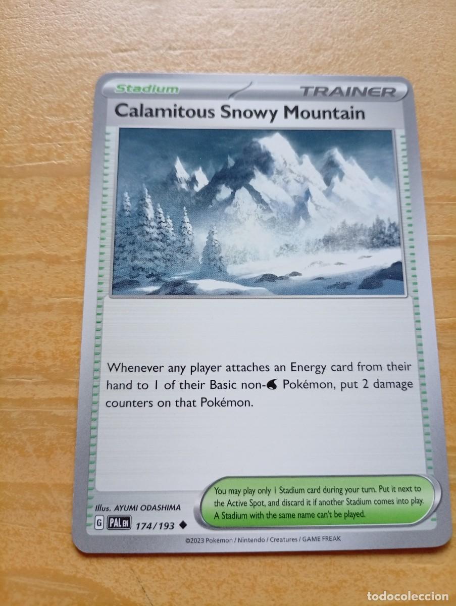 Trading cards: Carta de entrenador de Pok&eacute;mon, Calamitous Snowy Mountain, en ingl&eacute;s. Es una carta de tipo Estadio.