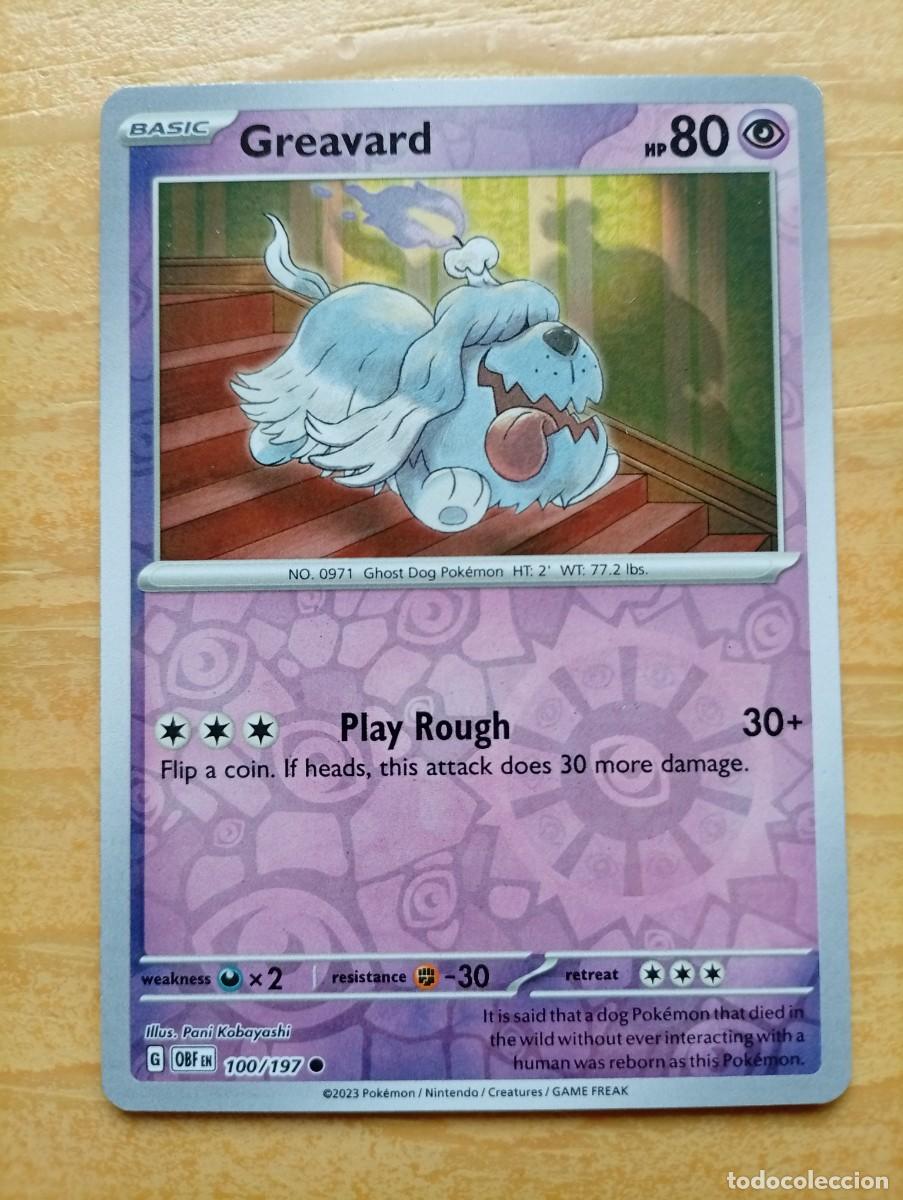 Trading cards: Carta Pok&eacute;mon de Greavard, edici&oacute;n en ingl&eacute;s. Holo 100/197. 2023. - Tipo: B&aacute;sica. - Ataque: Play Ro