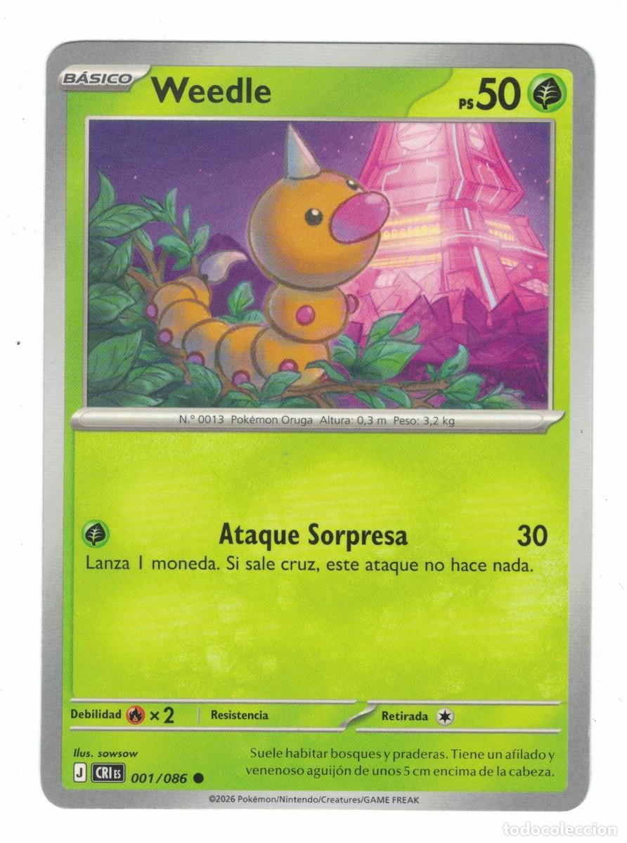 Trading cards: Carta Pok&eacute;mon Weedle CRiS 001/086 2026 &ndash; B&aacute;sica Planta Ilustraci&oacute;n sowsow