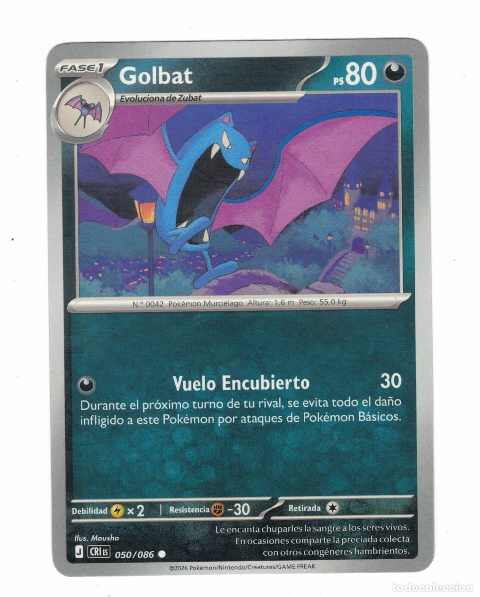 Trading cards: Carta Pok&eacute;mon Golbat CRiS 050/086 2026 &ndash; Fase 1 Oscuro Ilustraci&oacute;n Mousho