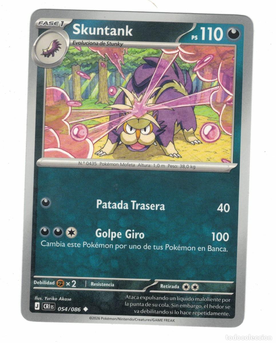 Trading cards: Carta Pok&eacute;mon Skuntank CRiS 054/086 2026 &ndash; Fase 1 Oscuro Ilustraci&oacute;n Yuriko Akase