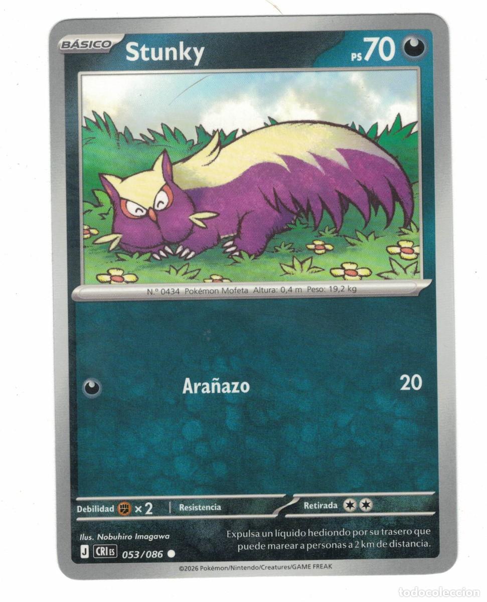 Trading cards: Carta Pok&eacute;mon Stunky CRiS 053/086 2026 &ndash; B&aacute;sica Oscuro Ilustraci&oacute;n Nobuhiro Imagawa
