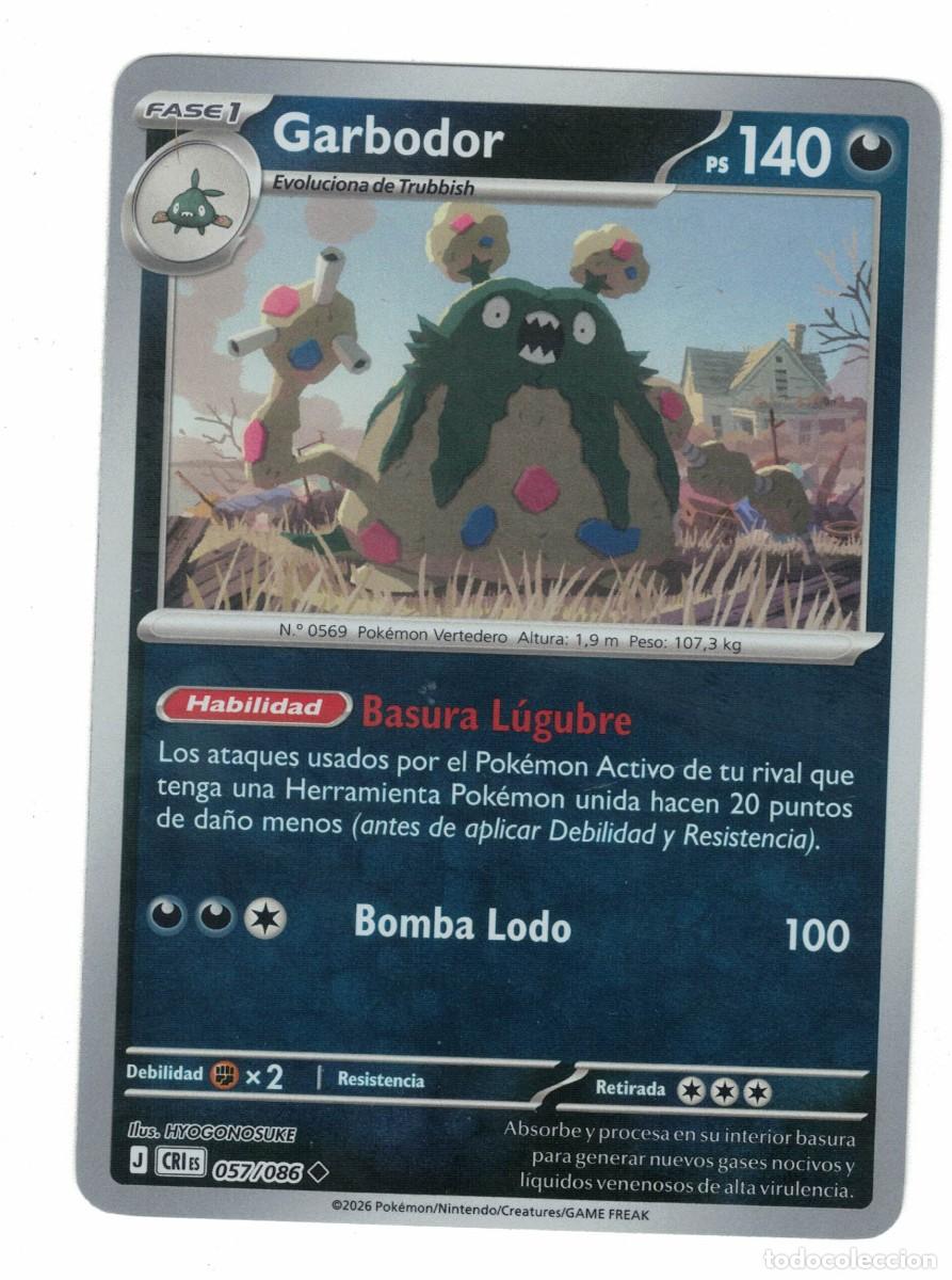 Trading cards: Carta Pok&eacute;mon Garbodor CRiS 057/086 2026 &ndash; Fase 1 Oscuro Ilustraci&oacute;n HYOGONOSUKE