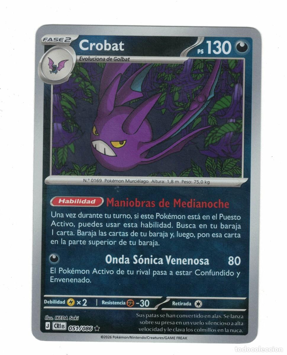Trading cards: Carta Pok&eacute;mon Crobat CRiS 051/086 2026 &ndash; Fase 2 Oscuro Ilustraci&oacute;n IKEDA Saki