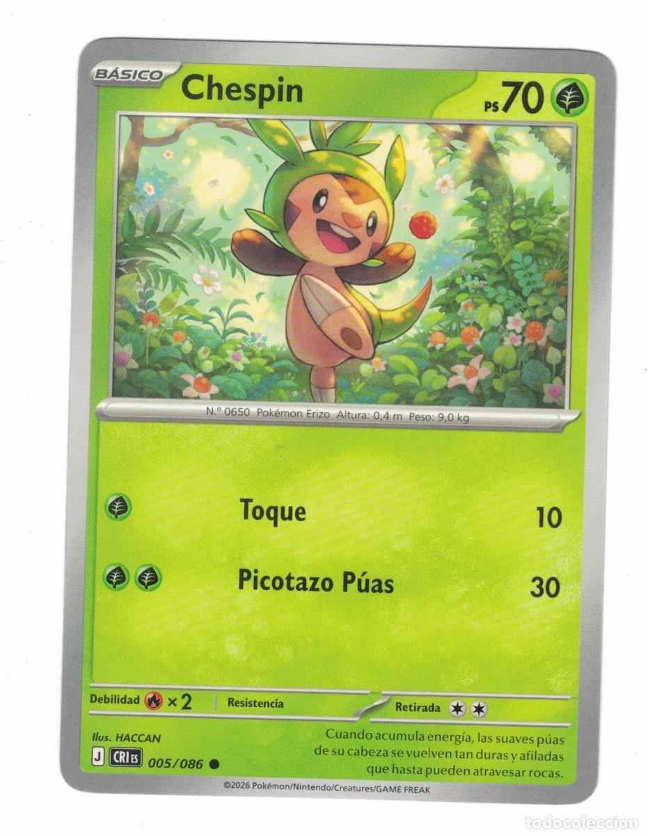 Trading cards: Carta Pok&eacute;mon Chespin CRiS 005/086 2026 &ndash; B&aacute;sica Planta Ilustraci&oacute;n HACCAN