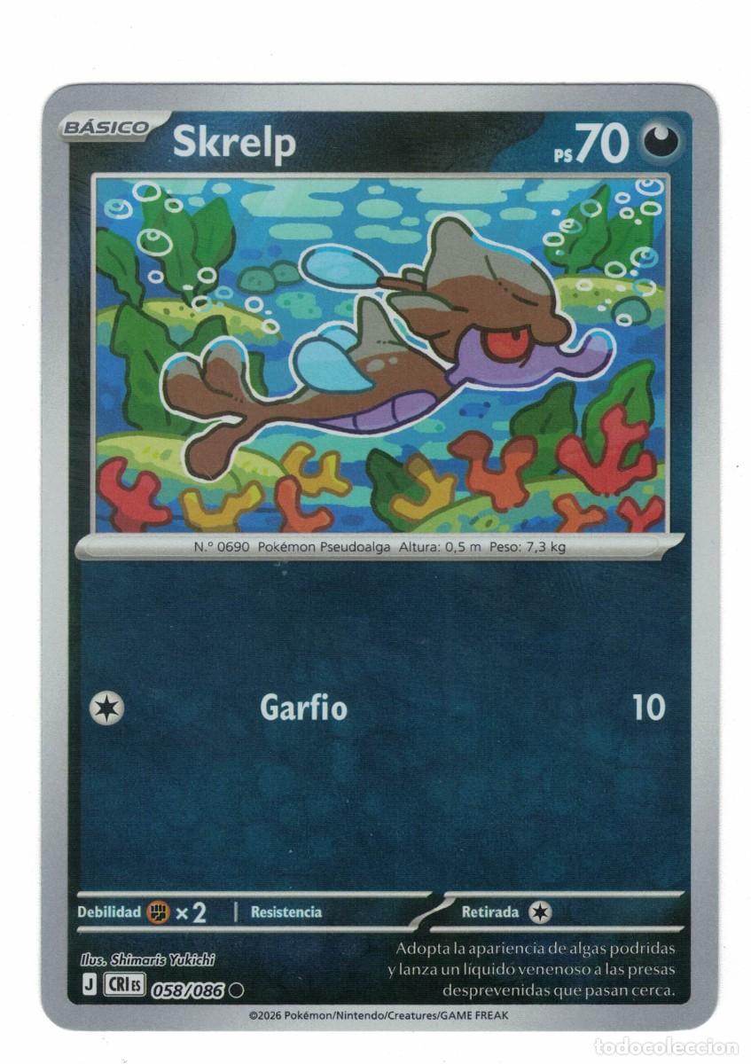 Trading cards: Carta Pok&eacute;mon Skrelp CRiS 058/086 2026 &ndash; B&aacute;sica Agua Ilustraci&oacute;n Shimaris Yukichi