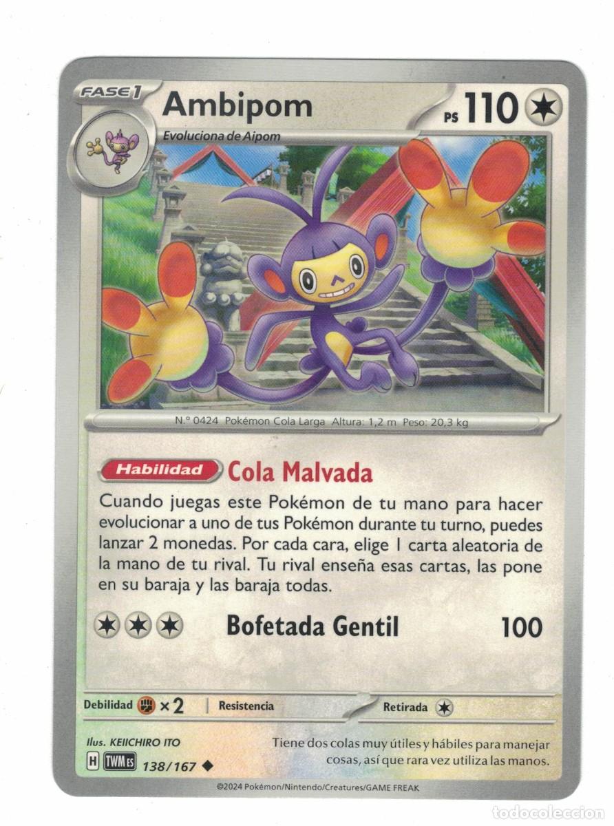Trading cards: Carta Pok&eacute;mon Ambipom TWM 138/167 2024 &ndash; Fase 1 Incolora Ilustraci&oacute;n Keiichiro Ito