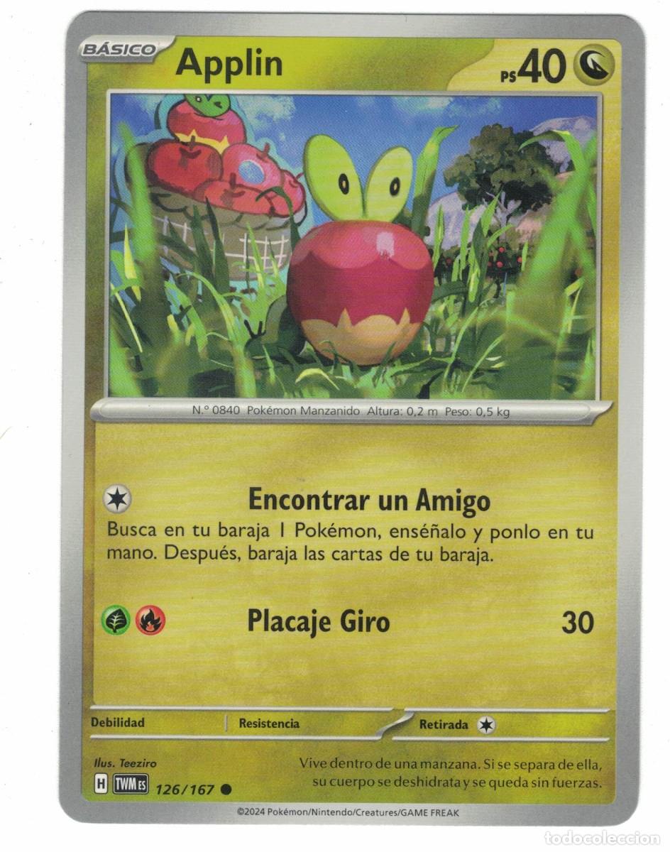 Trading cards: Carta Pok&eacute;mon Applin TWM 126/167 2024 &ndash; B&aacute;sica Planta Ilustraci&oacute;n Teeziro