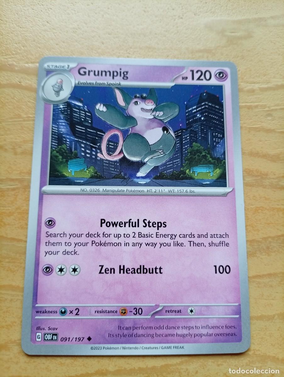 Trading cards: Carta Pok&eacute;mon de Grumpig, edici&oacute;n en ingl&eacute;s. - N&uacute;mero de carta: 91/197. - A&ntilde;o de publicaci&oacute;n: 2023.