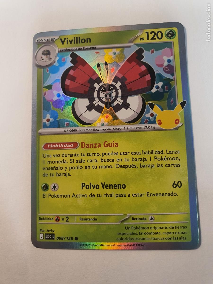 Trading cards: CARTA POKEMON 30 Aniversario TCG - Holo - N&ordm; 8 VIVILLON
