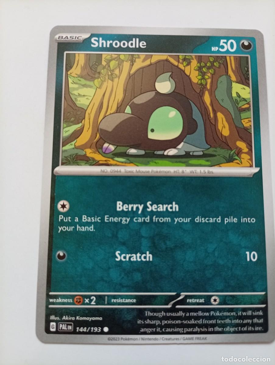 Trading cards: Carta Pok&eacute;mon de Shroodle, edici&oacute;n en ingl&eacute;s del a&ntilde;o 2023. - N&uacute;mero de carta: 144/193. - Tipo: B&aacute;si