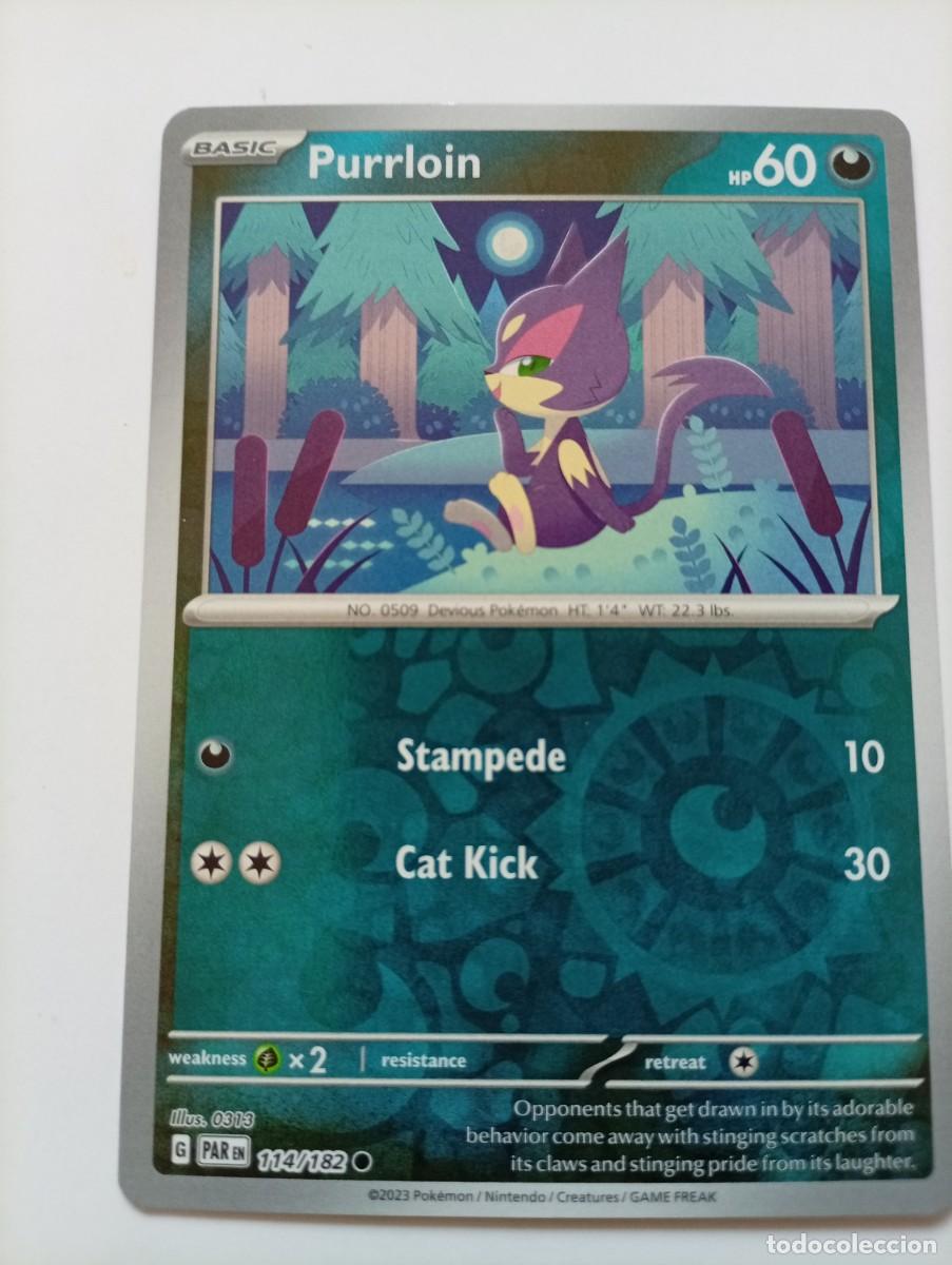 Trading cards: Carta Pok&eacute;mon de Purrloin, edici&oacute;n Reverse Holo. 2023 - Idioma: Ingl&eacute;s - N&uacute;mero de carta: 114/182 -