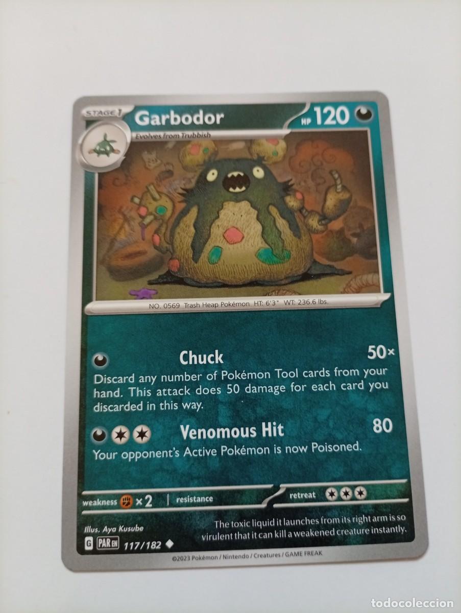 Trading cards: Carta Pok&eacute;mon de Garbodor, edici&oacute;n en ingl&eacute;s del a&ntilde;o 2023. - N&uacute;mero de carta: 117/182. - Ilustraci&oacute;