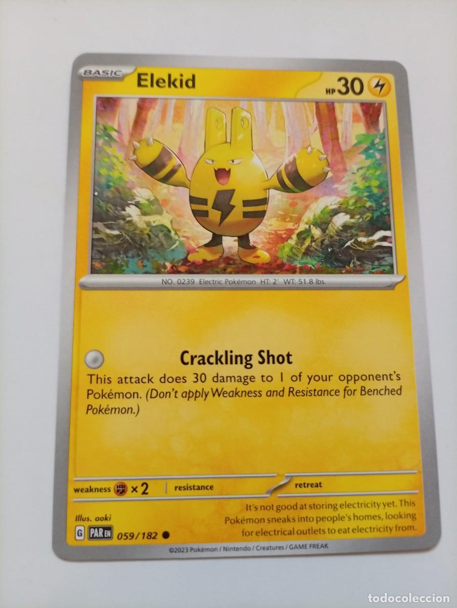 Trading cards: Carta Pok&eacute;mon de Elekid, edici&oacute;n en ingl&eacute;s. - N&uacute;mero de carta: 59/182. - A&ntilde;o de publicaci&oacute;n: 2023.