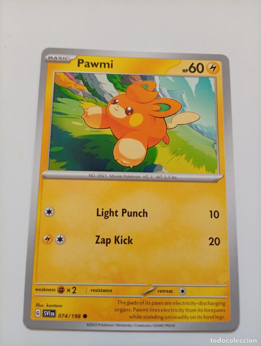 Trading cards: Carta de Pok&eacute;mon Pawmi, n&uacute;mero 074/198, de la edici&oacute;n de 2023. - Idioma: Ingl&eacute;s. - Ilustraci&oacute;n de P