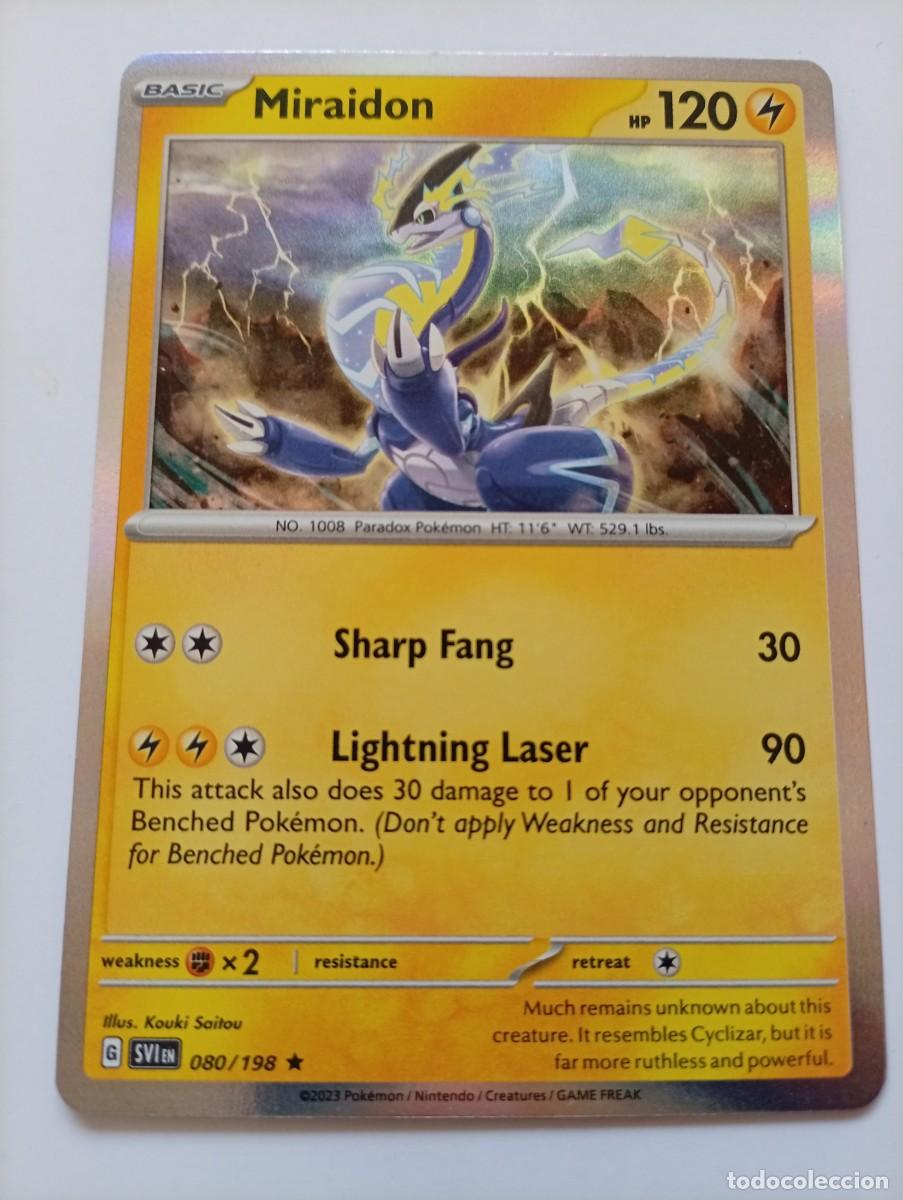 Trading cards: Carta Pok&eacute;mon de Miraidon en ingl&eacute;s, edici&oacute;n de 2023. Holo - N&uacute;mero de carta: 080/198. - Ataques: Sh