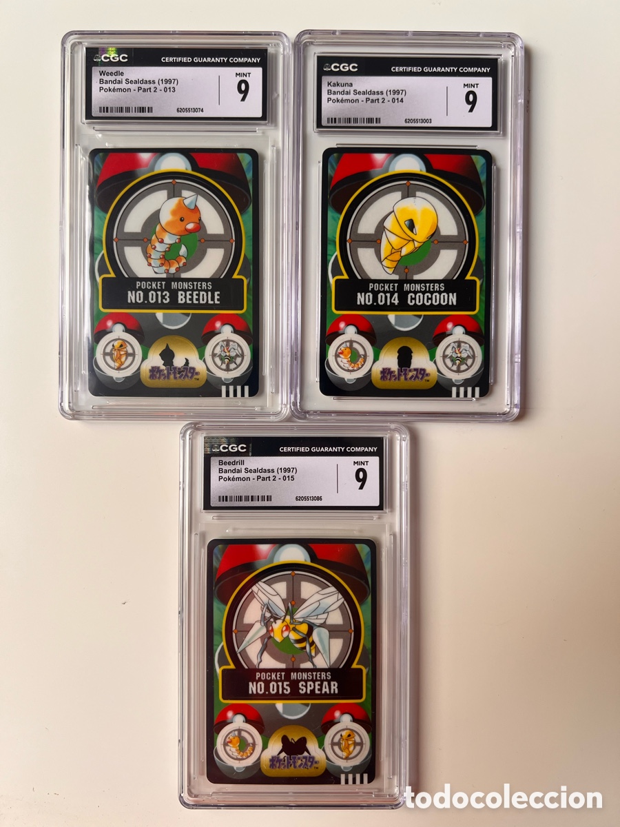 Trading cards: Pok&eacute;mon 1997 Bandai Sealdass Part 2 Complete Evolution Set - Weedle #13, Kakuna #14 & Beedrill #15 -