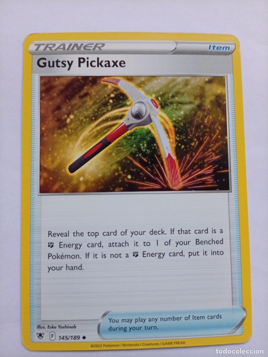 Trading cards: Carta de entrenador Pok&eacute;mon Gutsy Pickaxe, perteneciente a la colecci&oacute;n con numeraci&oacute;n 145/189. Ingl