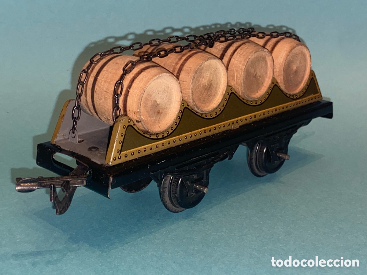Trenes Escala: Antiguo Vag&oacute;n en Hojalata Litografiada Transporte de Barriles en Escala *0* GBN BING Made in Germany