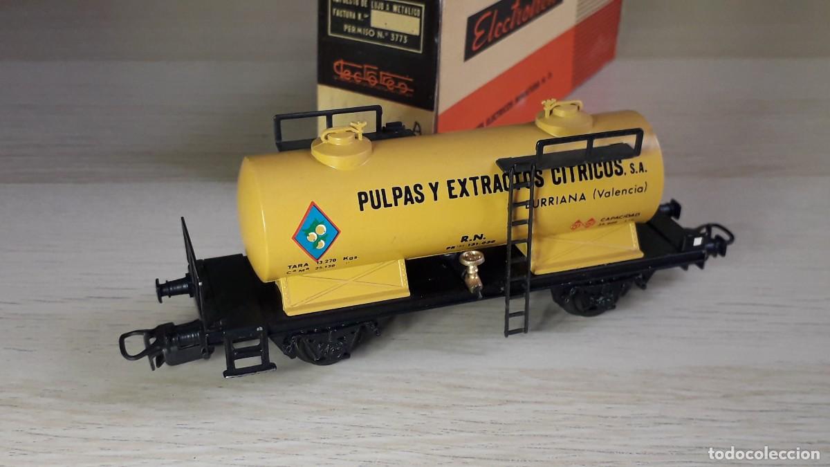 Trenes Escala: Vag&oacute;n Cisterna Pulpas C&iacute;tricos Burriana Valencia # 1107, H0 1/87 Electrotren Spain, original a&ntilde;os 60