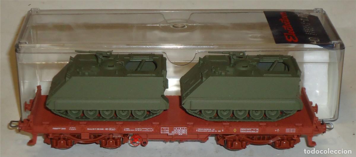 Trenes escala: ELECTROTREN HO, VAG&Oacute;N PLATAFORMA 4 EJES PMM CARGADO CON 2 CARROS M113, REF. 5162