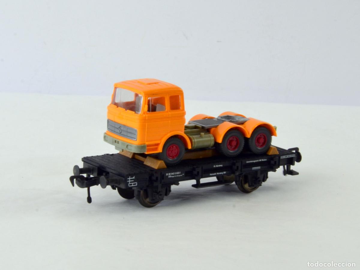 Trenes Escala: Fleischmann Trenes Escala H0 5219 Vag&oacute;n Plataforma con Wiking Cabeza Tractora Mercedes Benz con Caja