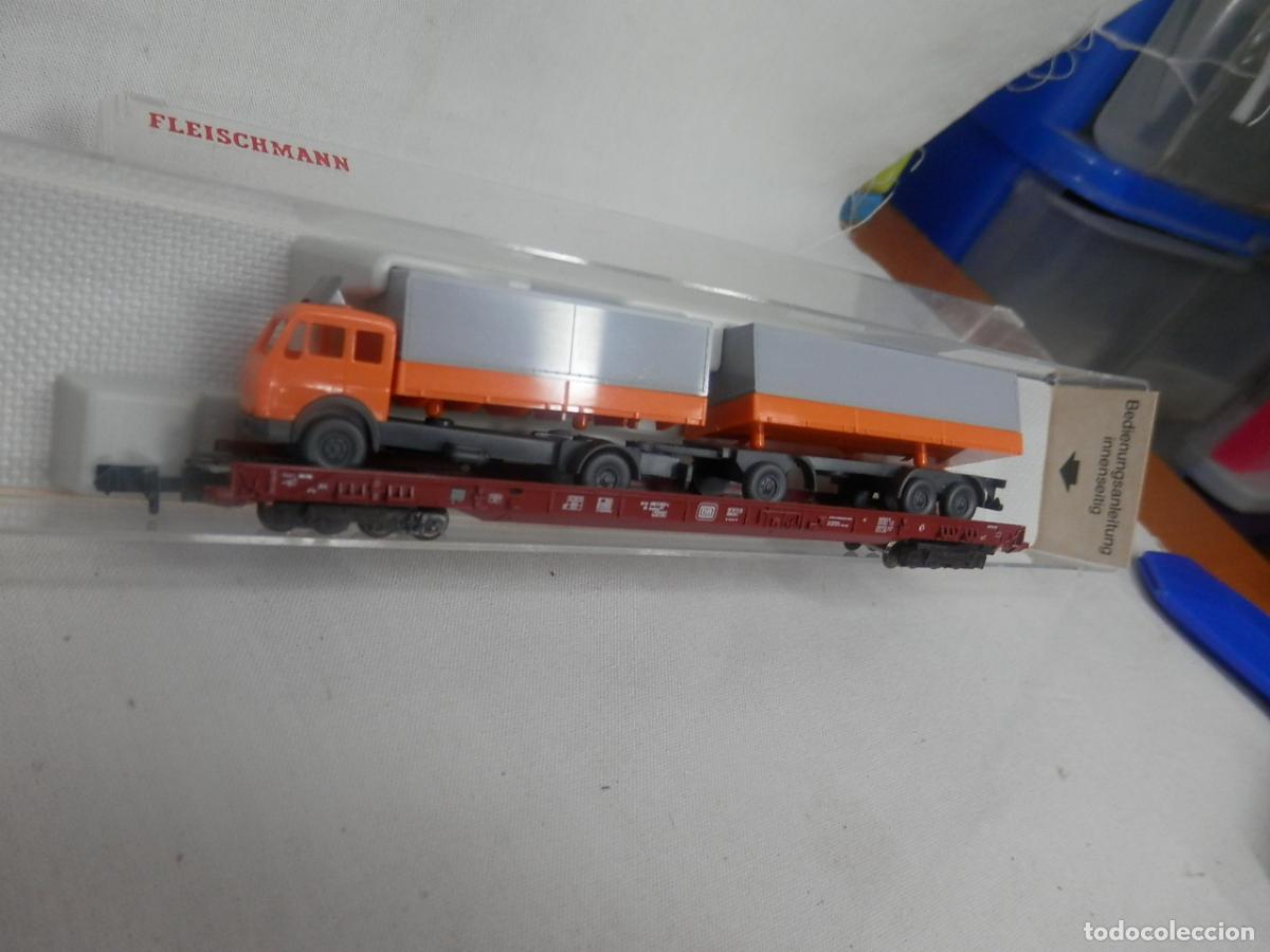 Trenes escala: VAGON PLATAFORMA CAMION ESCALA N DE FLEISCHMANN - Foto 5