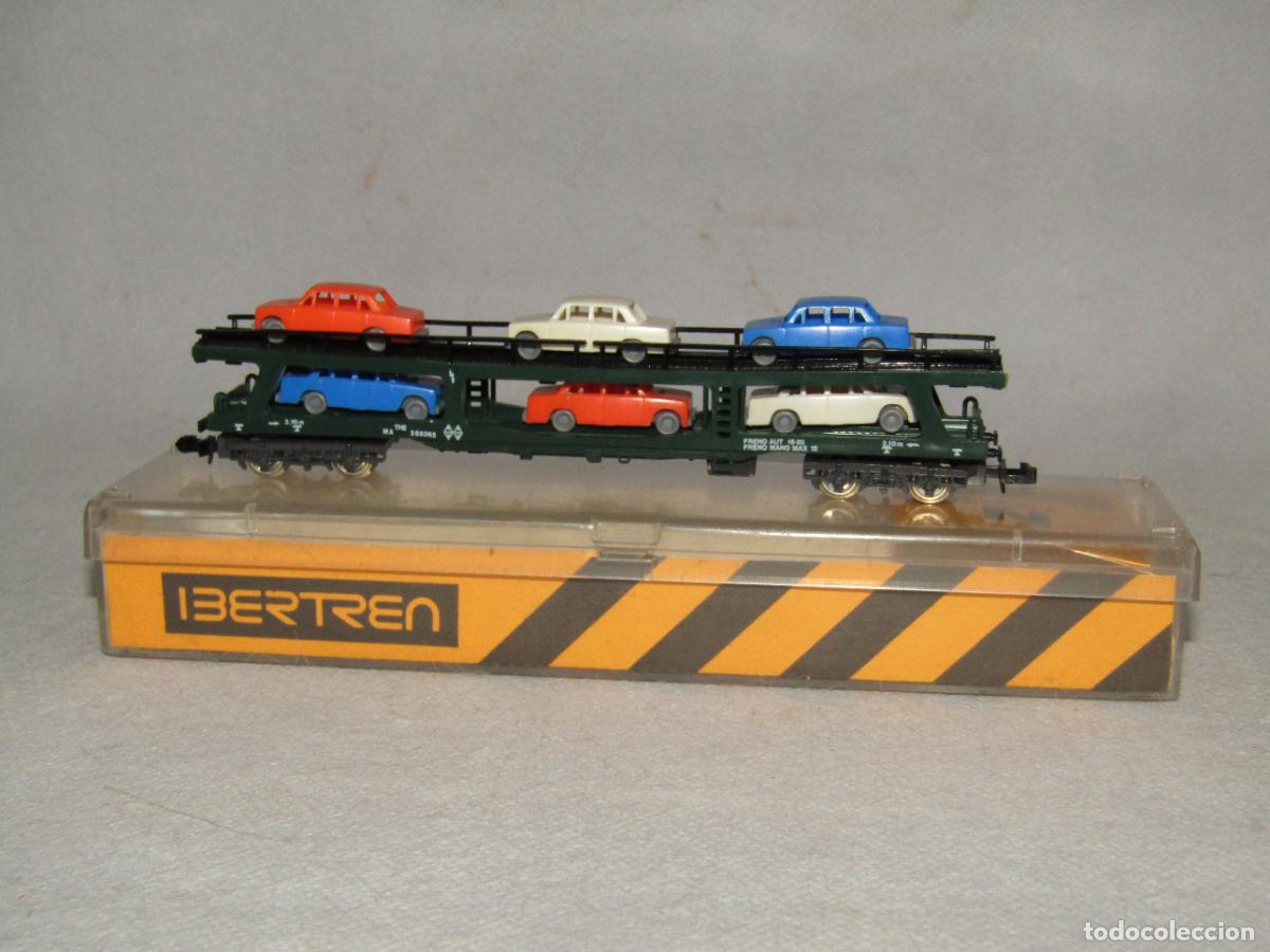 Trenes Escala: Antiguo Vag&oacute;n Porta Coches con Coches 4 Ejes en Escala *N* Ref. 452 de IBERTREN