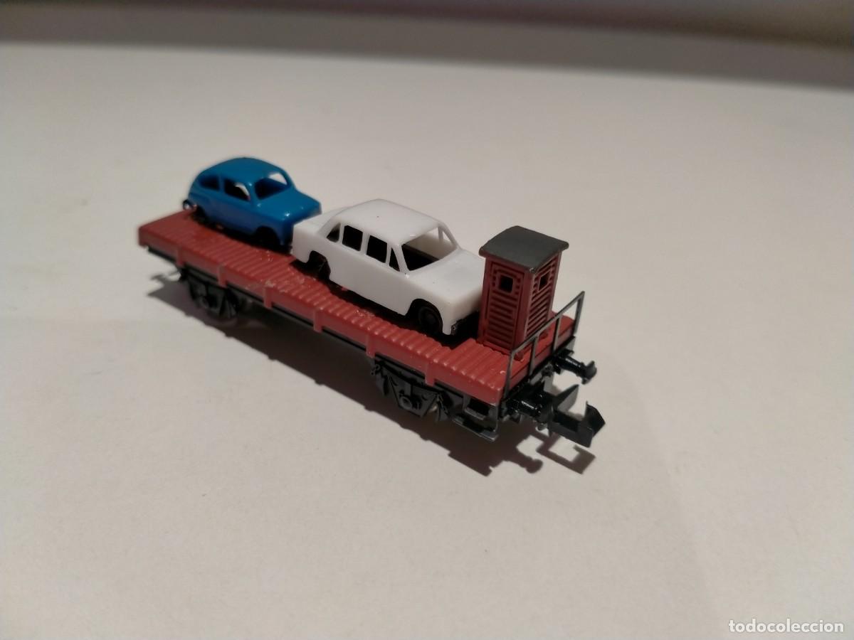 Trenes Escala: Vag&oacute;n plataforma con garita Ibertren N con coches Seat