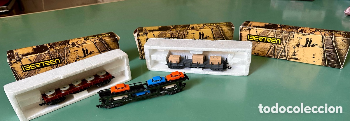 Trenes Escala: LOTE 3 VAGONES IBERTREN ESCALA N. Portacoches, Bobinas, cajas. A&ntilde;os 70.