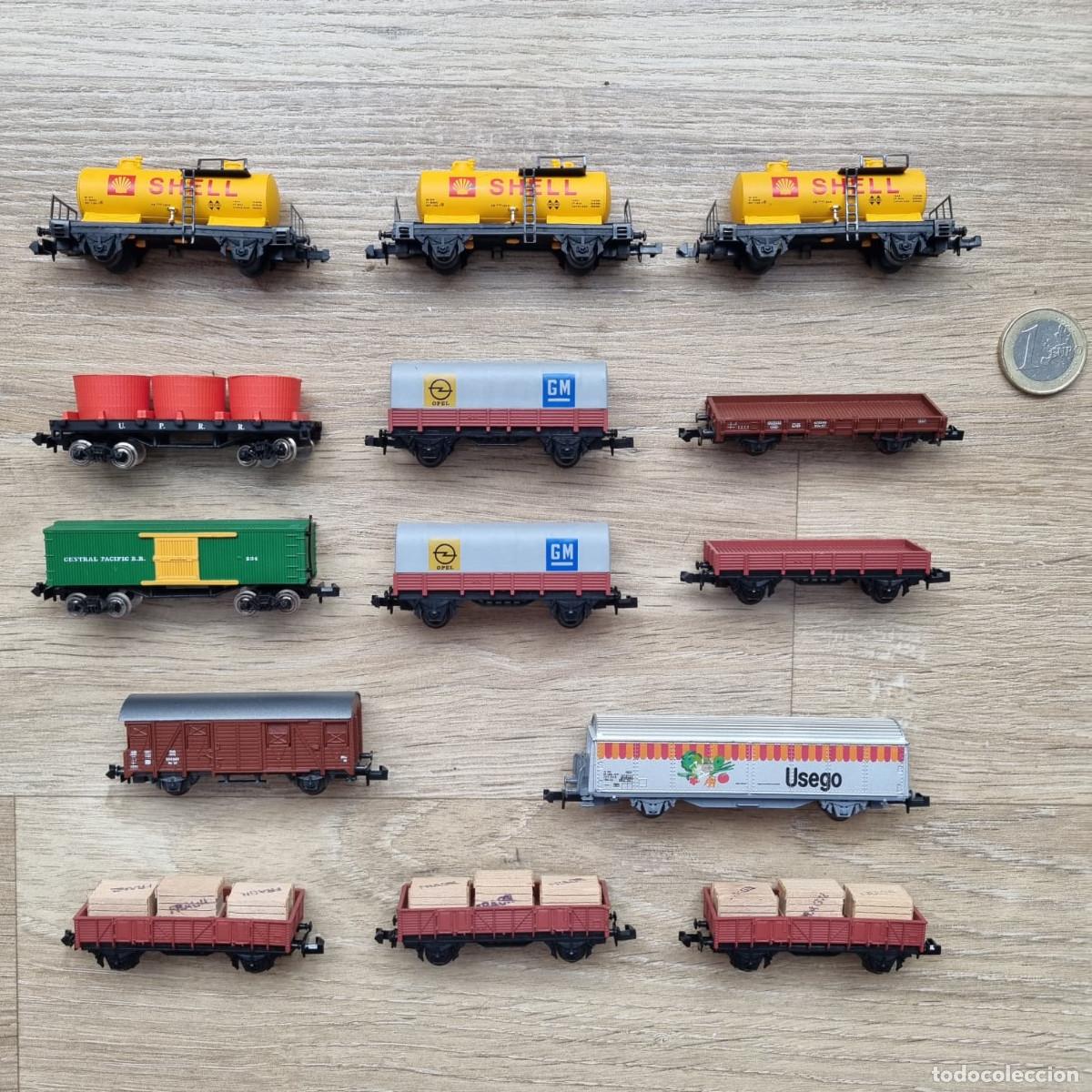 Trenes escala: GRAN LOTE MERCANC&Iacute;AS 14 Vagones Ibertren 2N - Escala 2 N - Shell, GM, Usego, Cisternas, Tolvas