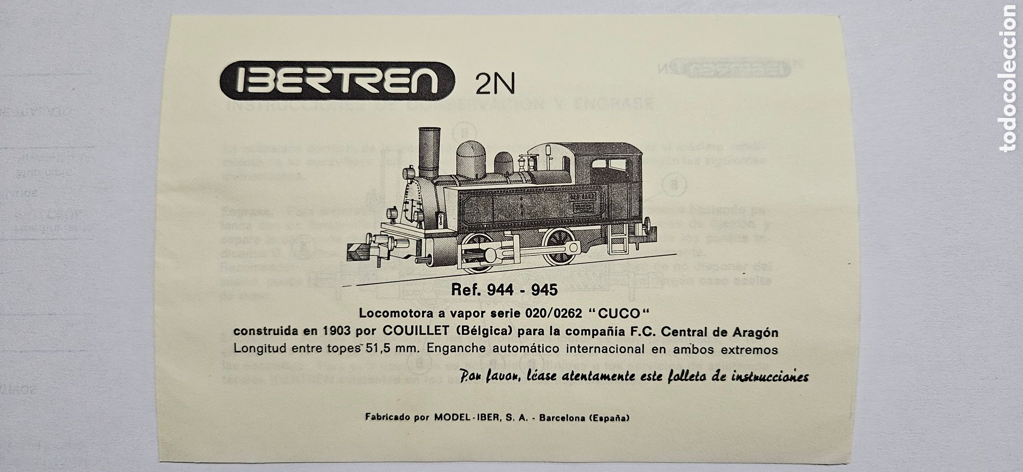Trenes Escala: IBERTREN- MANUAL DE INSTRUCCIONES LOCOMOTORA A VAPOR CUCO REF 944-945 ESCALA 2N