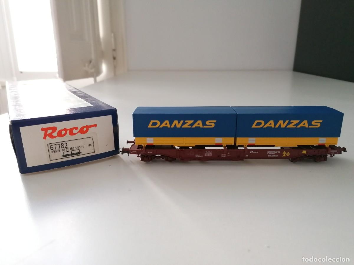 Trenes escala: Roco H0 67782 Vag&oacute;n Portacontenedores DANZAS Renfe Nuevo