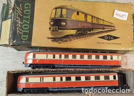 Trenes escala: G&Uuml;TZOLD. Locomotora el&eacute;ctrica y vag&oacute;n en caja original (Modelo G 14 Express Railar T-7141).