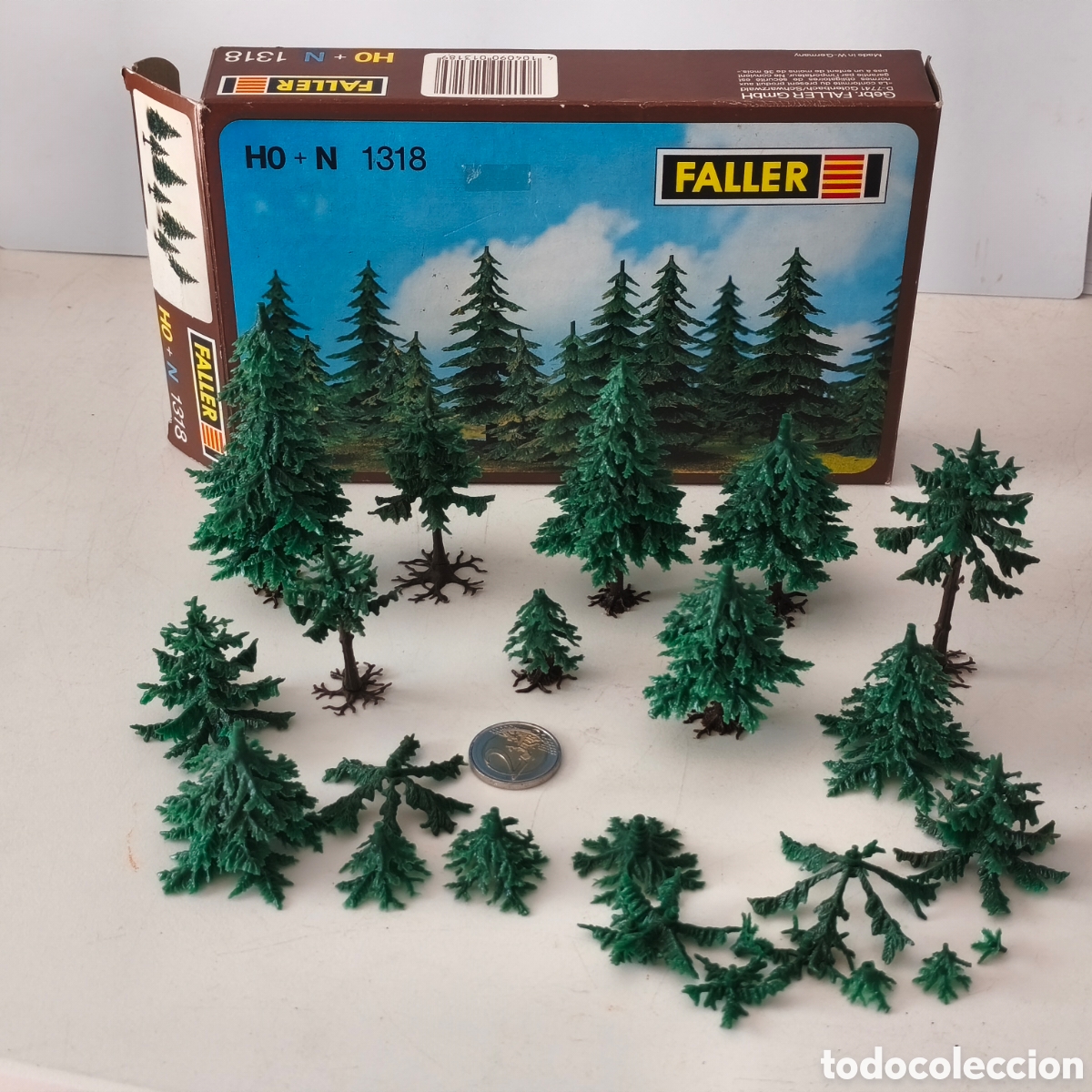 Trenes escala: FALLER 1318 &ndash; Kit vintage 8 abetos para modelismo ferroviario H0 y N &ndash; Caja original