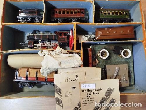 Trenes escala: 'THE BING ELECTRIC-TRAIN'. Tren el&eacute;ctrico alem&aacute;n de hojalata, con m&aacute;quina, tender y cinco vagones