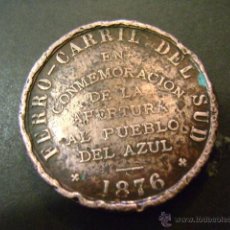 Trofeos y medallas: MEDALLA FERRO-CARRIL DEL SUD, ARGENTINA 1876, CONMEMORACIÓN DE LA APERTURA AL PUEBLO DEL AZUL. Lote 39622842